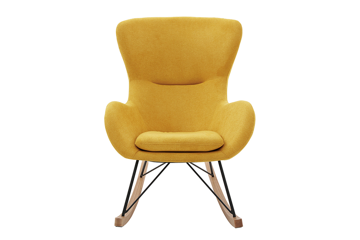 Rocking chair scandinave jaune moutarde, m�tal noir et bois clair, vue de face.