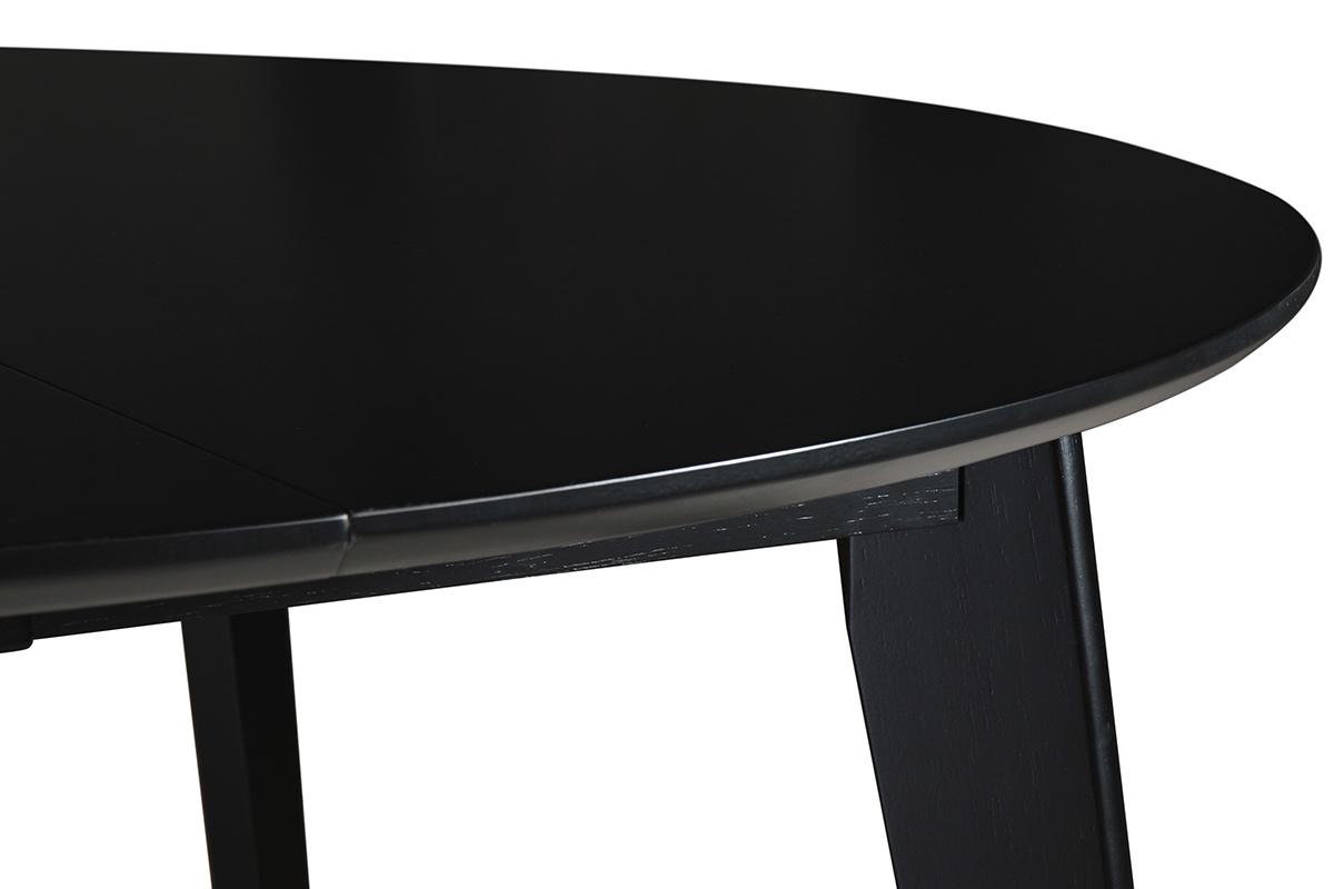 Table � manger extensible ronde noire, vue de c�t�, plateau et pi�tement en bois.