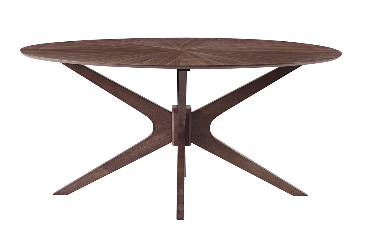 Table ovale en noyer avec pi�tement sculptural vue de face.