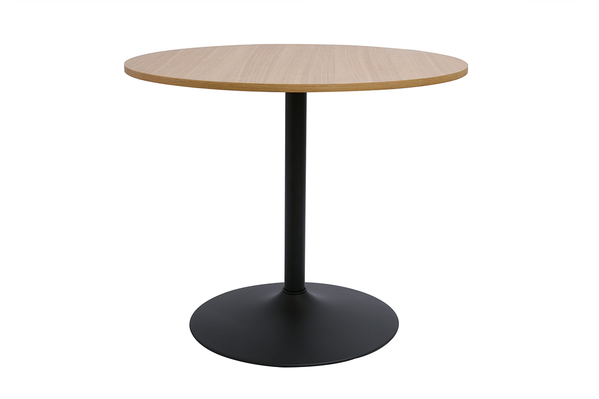Table � manger design ronde en bois clair ch�ne et m�tal noir D90 cm CALISTA