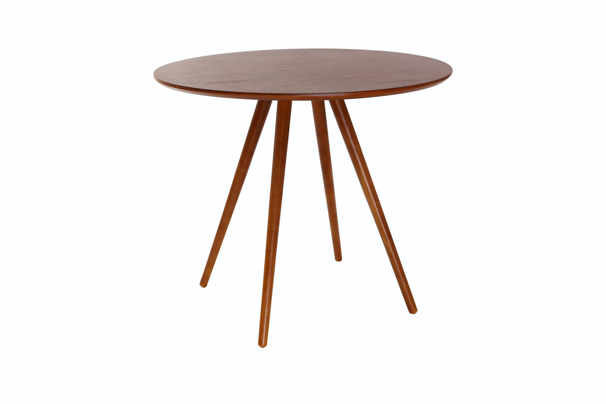 Table � manger ronde ARTIK en noyer, vue de 3/4, avec pieds en h�v�a.