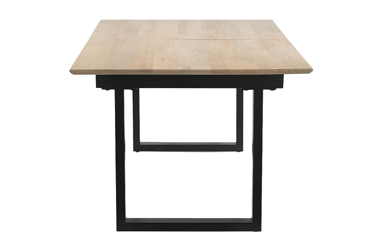 Table � manger extensible en bois clair manguier massif et m�tal noir, vue de profil.