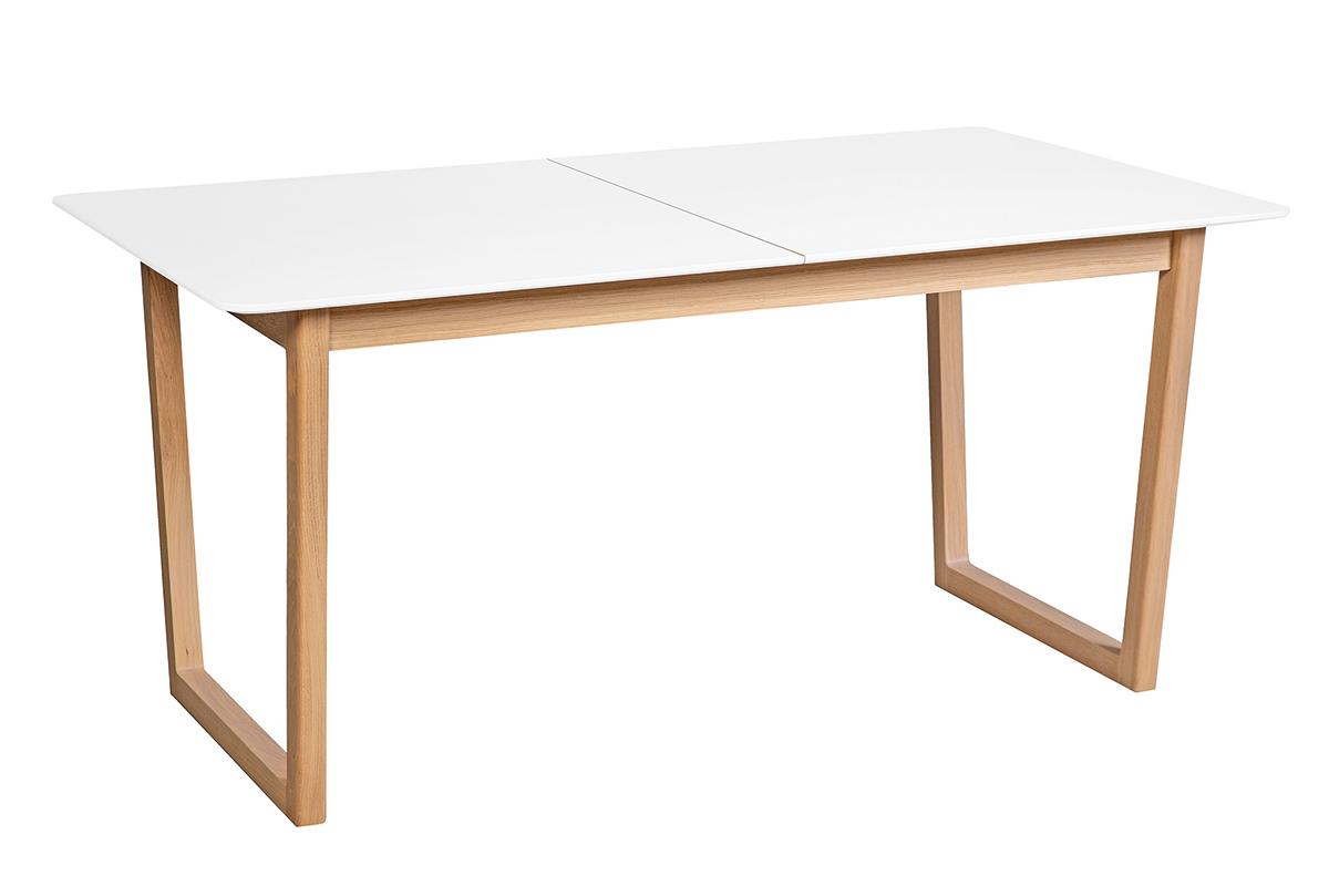 Table � manger extensible rectangulaire rallonges int�gr�es finition blanc et bois clair ch�ne massif L160-240 cm LAHO