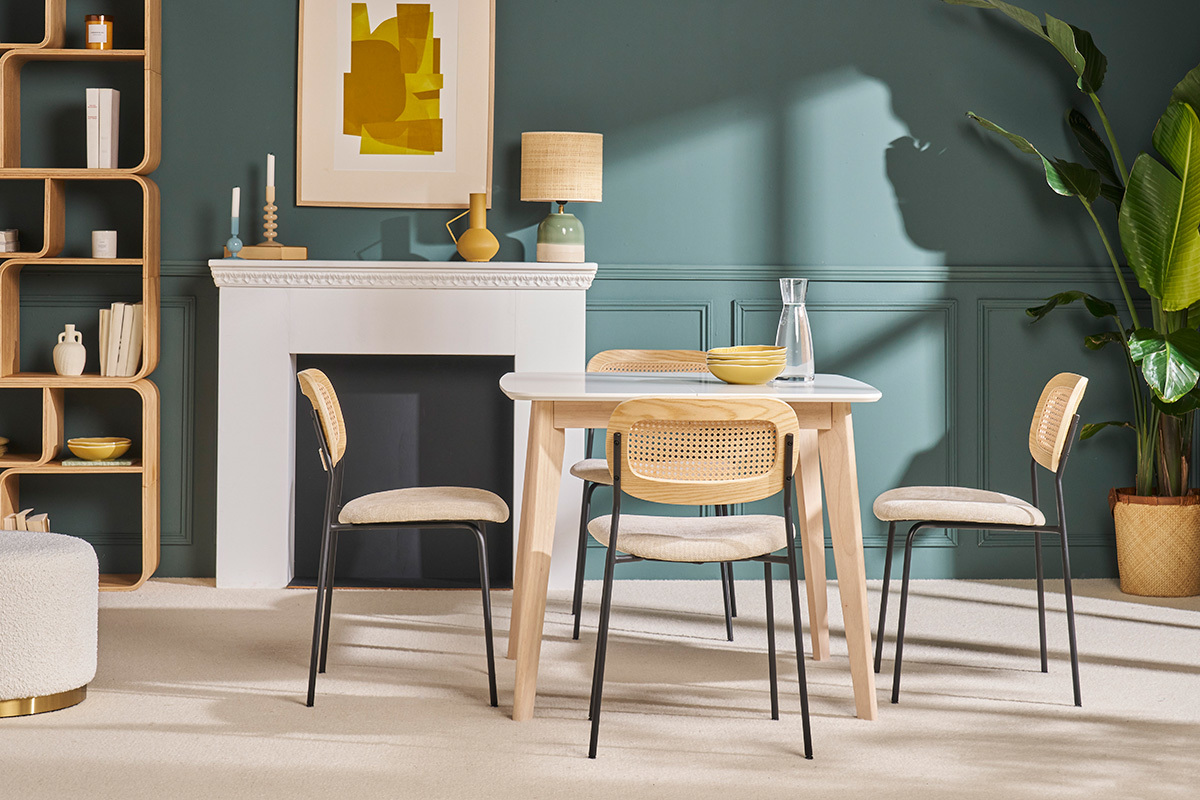 Table � manger extensible scandinave carr�e blanche et bois L90-130 cm LEENA