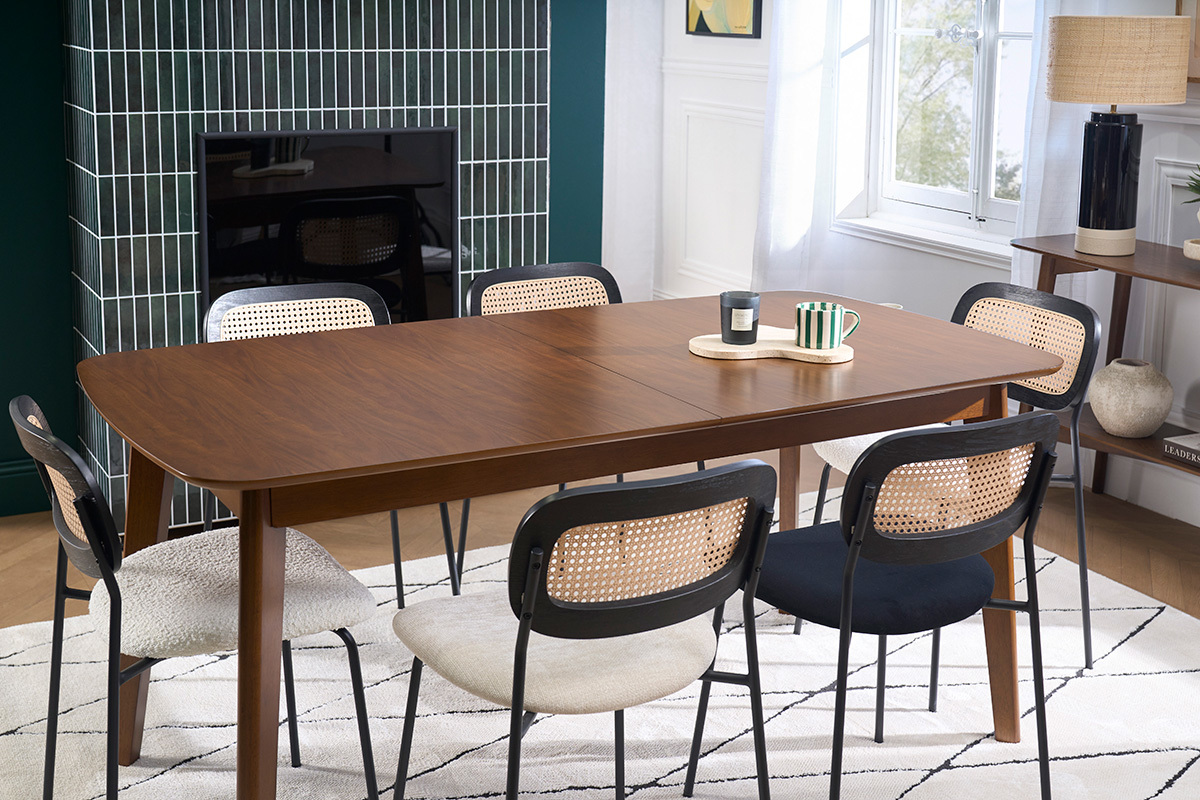 Table � manger extensible scandinave rallonges int�gr�es en bois fonc� noyer L168-228 cm LEENA