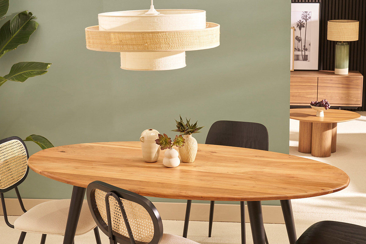 Table � manger ovale en bois massif et m�tal noir L160 cm OBALI