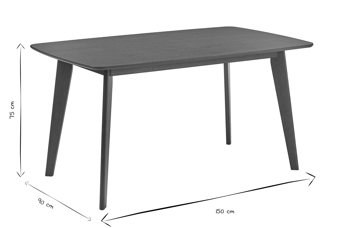 Dimensions de la table � manger rectangulaire LEENA en noir et blanc, 150 x 90 x 75 cm.