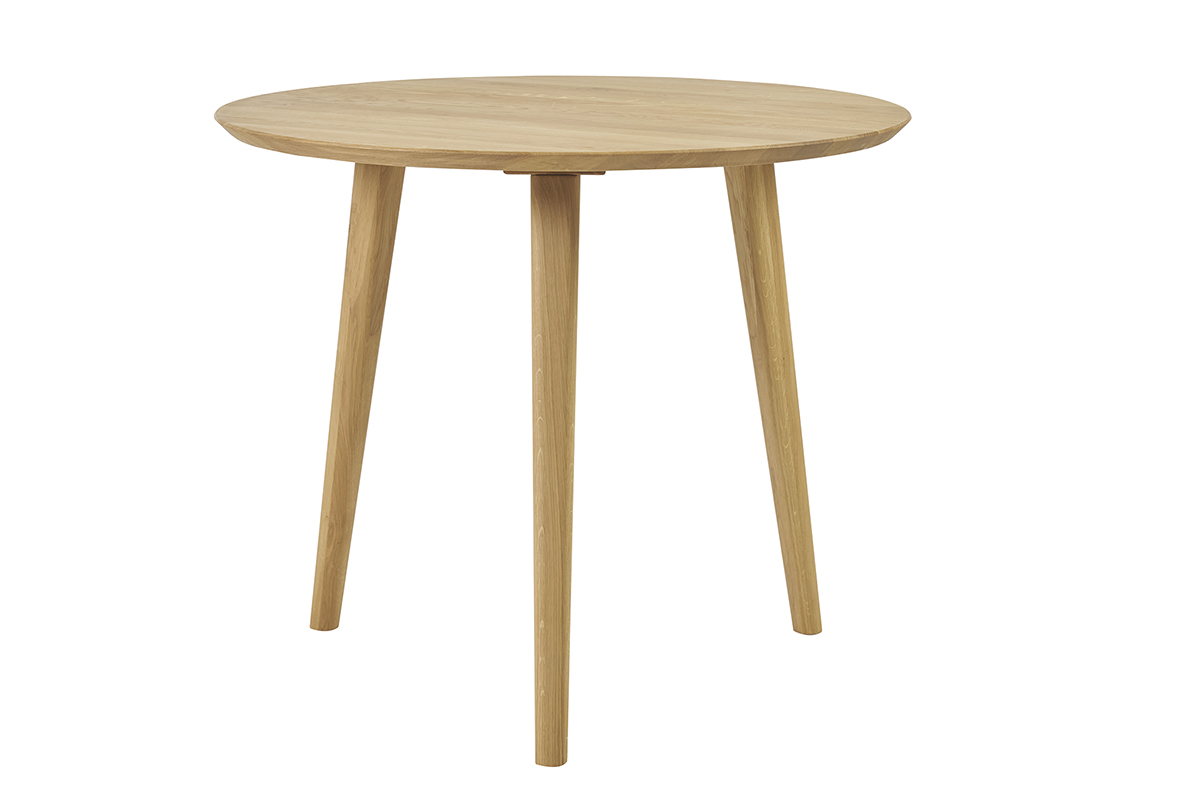 Table ronde en ch�ne massif, pieds inclin�s, vue de face.