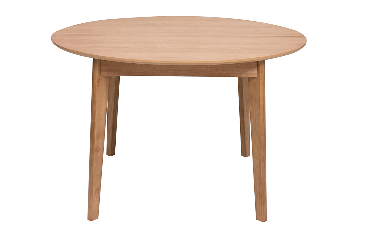 Table � manger ronde extensible en bois clair, vue de profil.