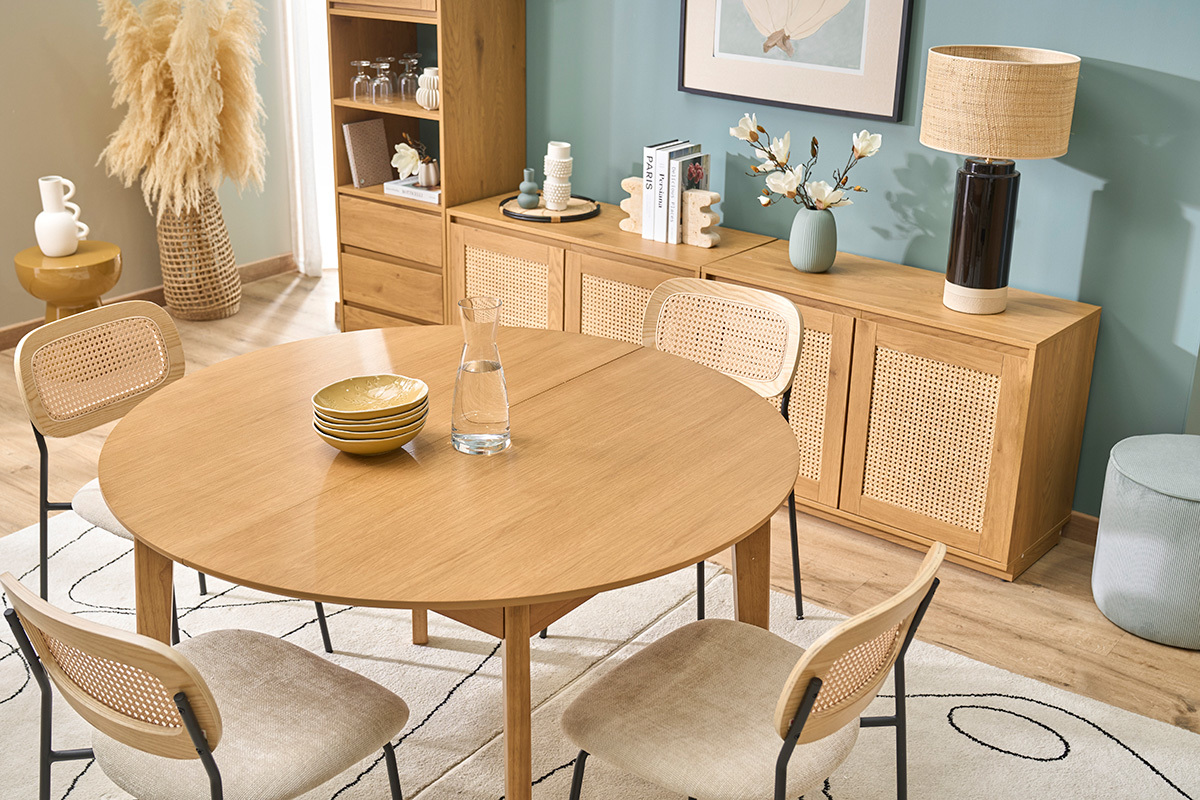Table � manger ronde extensible avec rallonges int�gr�es en bois clair ch�ne L120-150 cm ANSEL