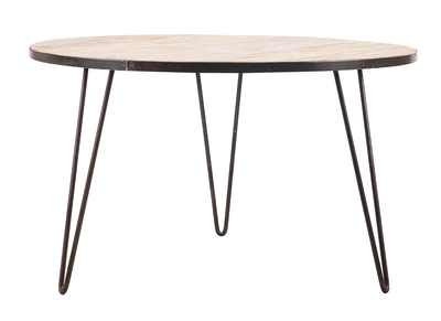 Table &agrave; manger ronde industrielle bois manguier massif et m&eacute;tal D125 cm ATELIER