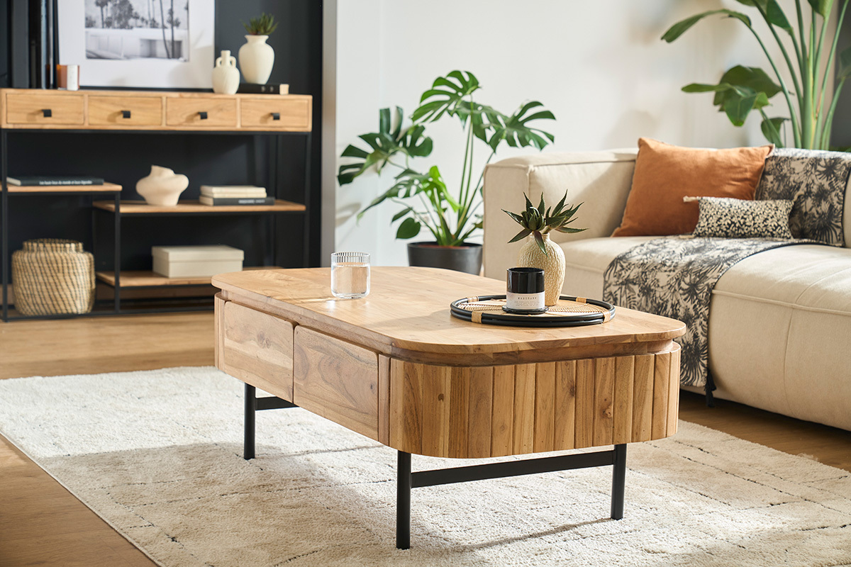 Table basse avec rangements en bois massif et m�tal noir 4 tiroirs L115 cm NAPOLI