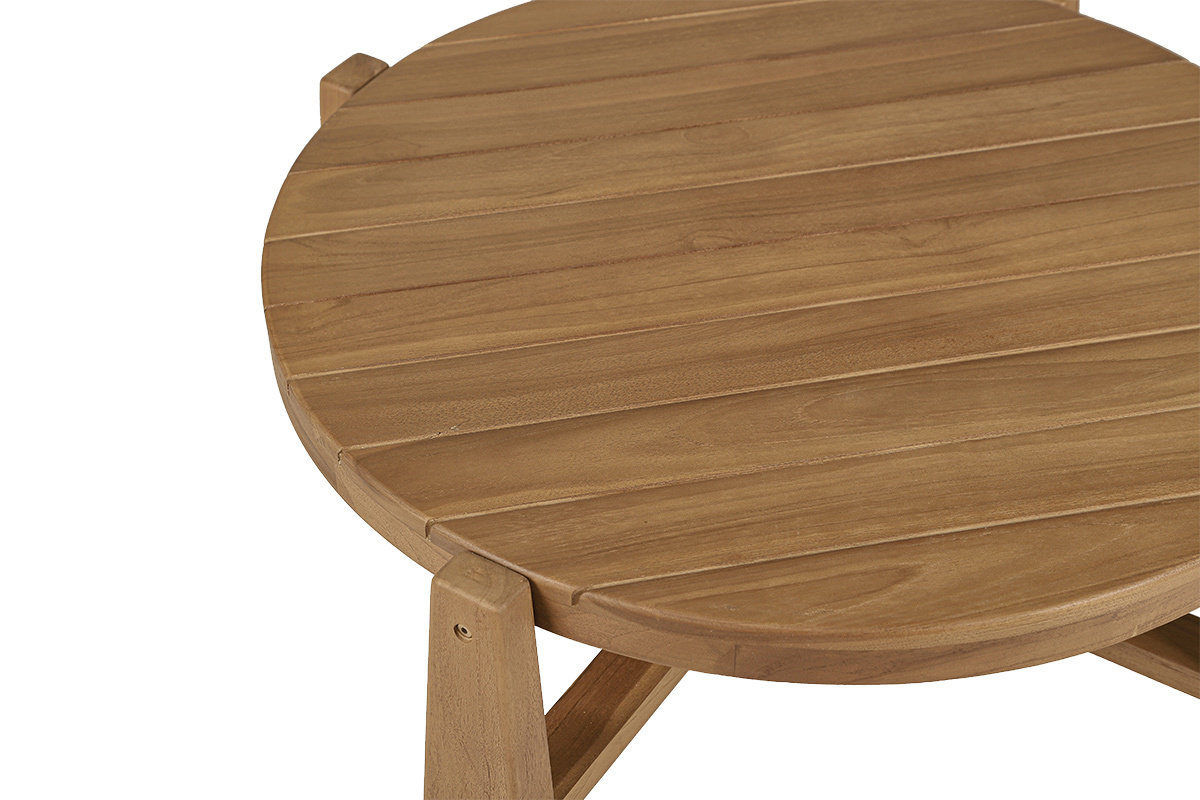 Table basse ronde en teck massif avec plateau � lattes, vue de dessus