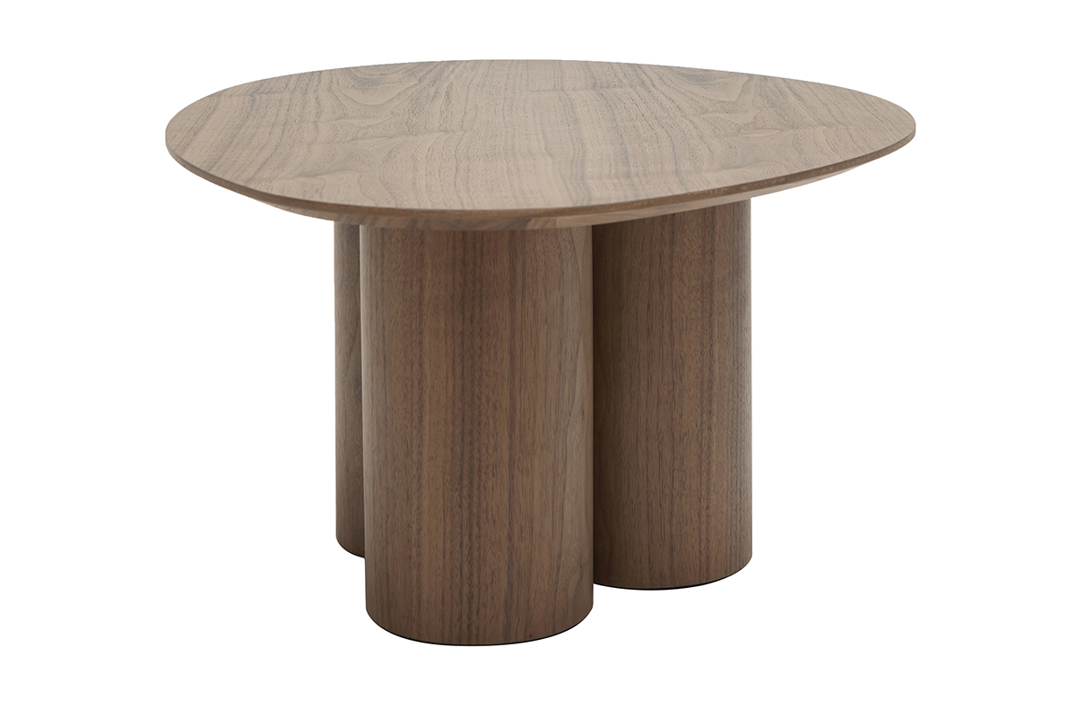 Table basse bois fonc� noyer avec plateau ovale et trois pieds cylindriques.