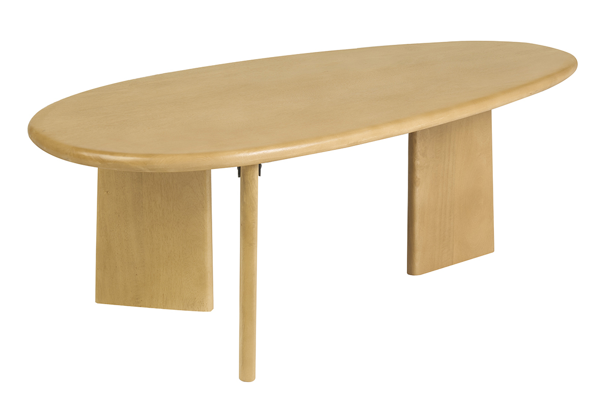 Table basse design en bois manguier massif, forme ovale, vue de 3/4