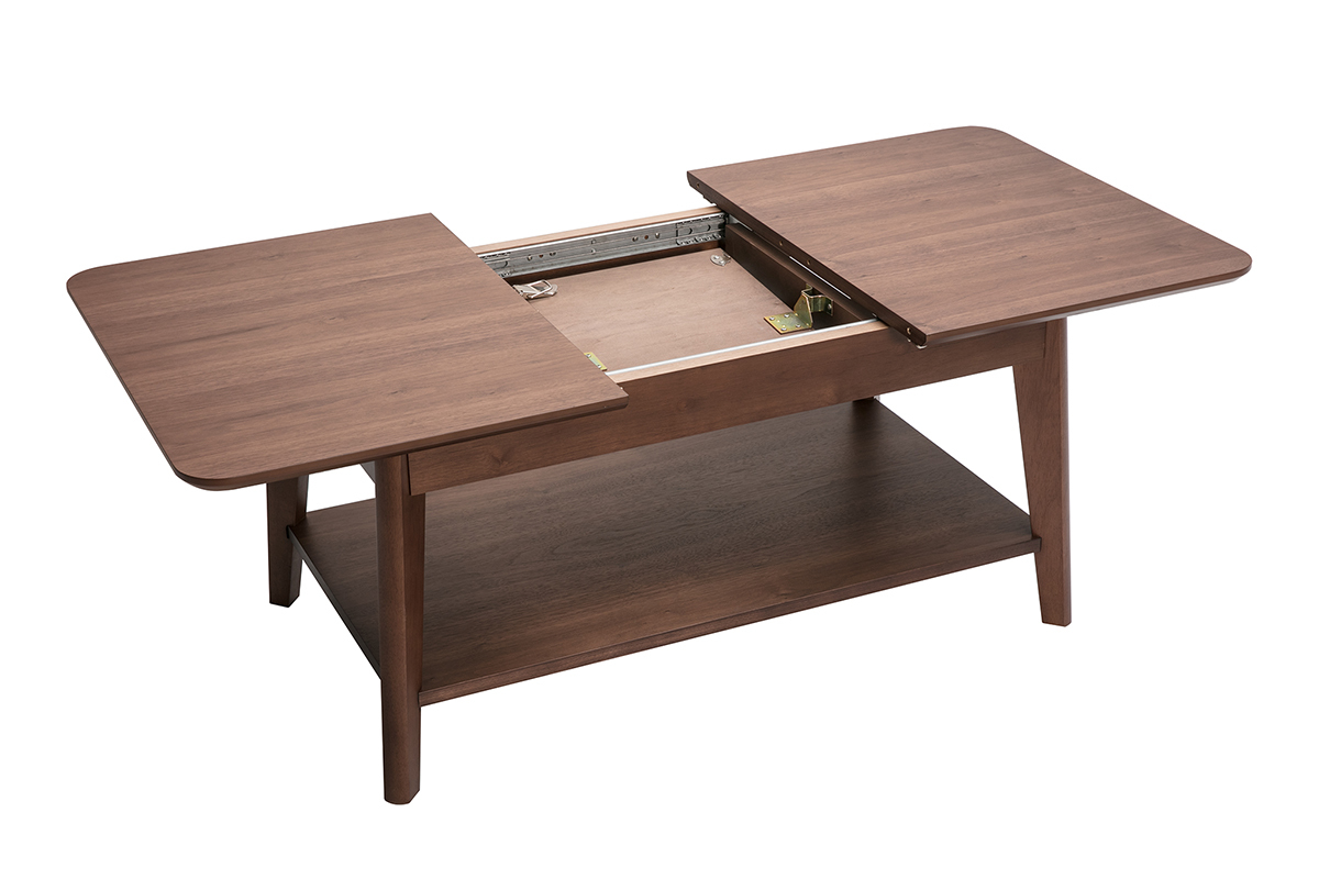 Table basse extensible rectangulaire en bois fonc�, vue de dessus avec le plateau ouvert