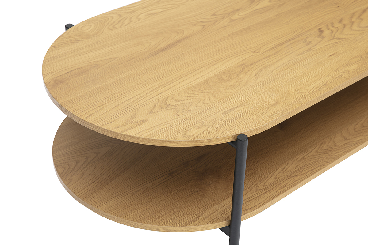 Table basse ovale bois clair et m�tal, vue zoom�e de haut