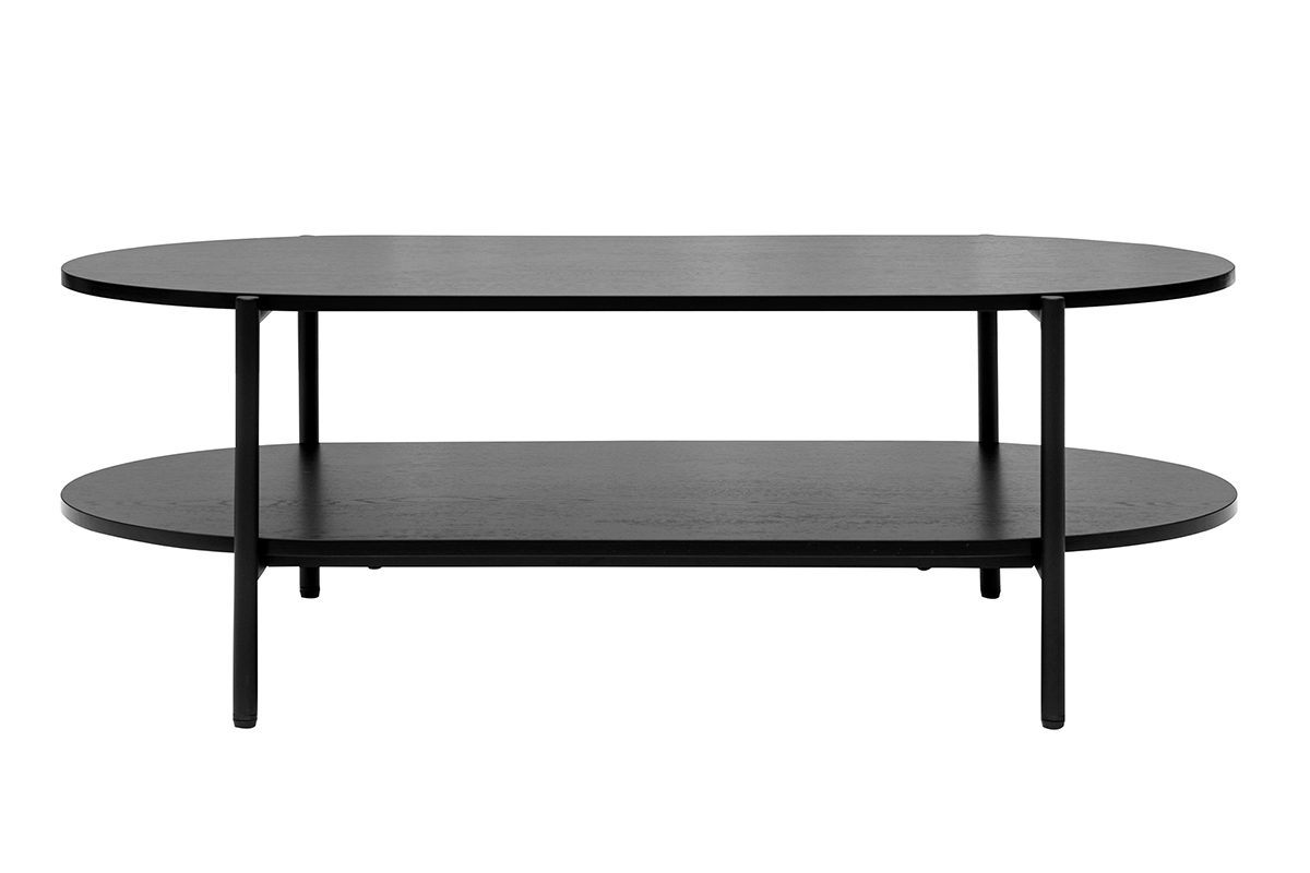 Table basse ovale noire en bois et m�tal, vue de face.