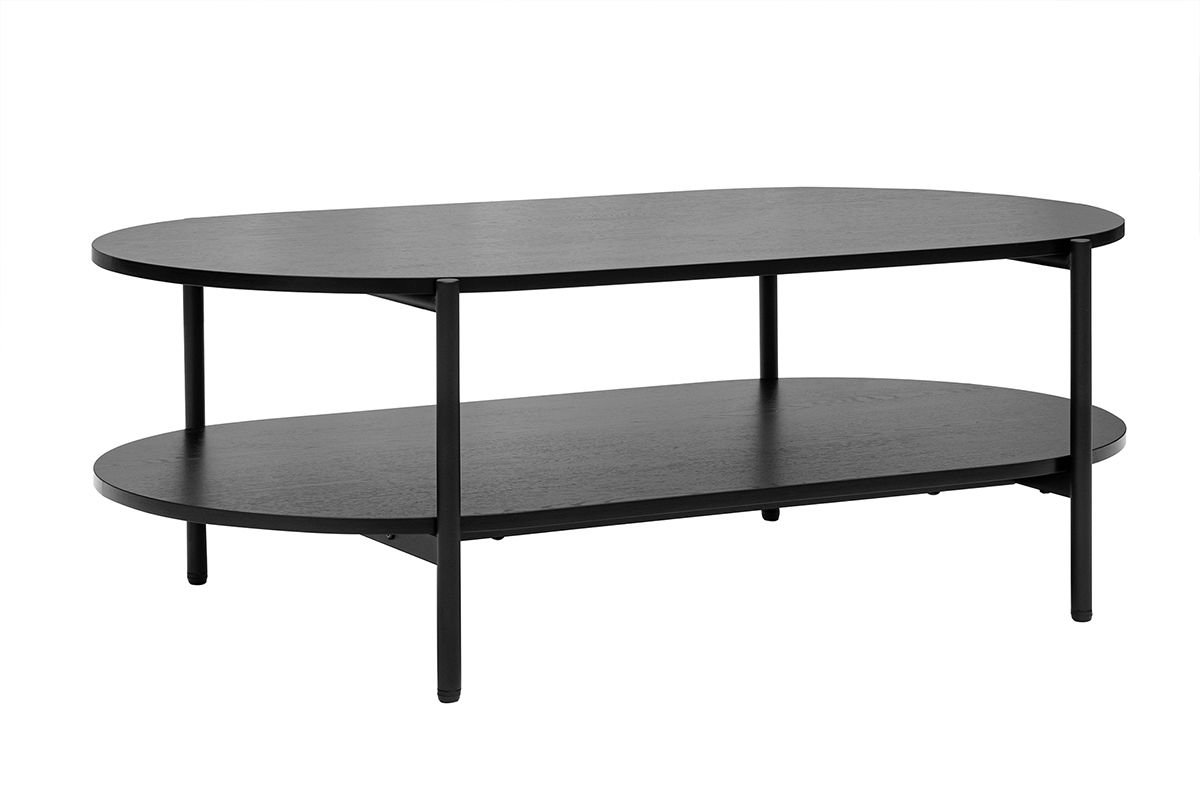 Table basse ovale noire en bois et m�tal avec double plateau, vue de 3/4.