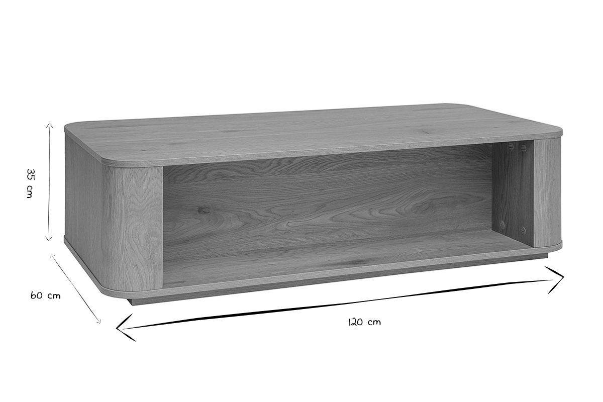 Table basse rectangulaire avec rangement, dimensions : L120 cm, l60 cm, h35 cm, en noir et blanc.