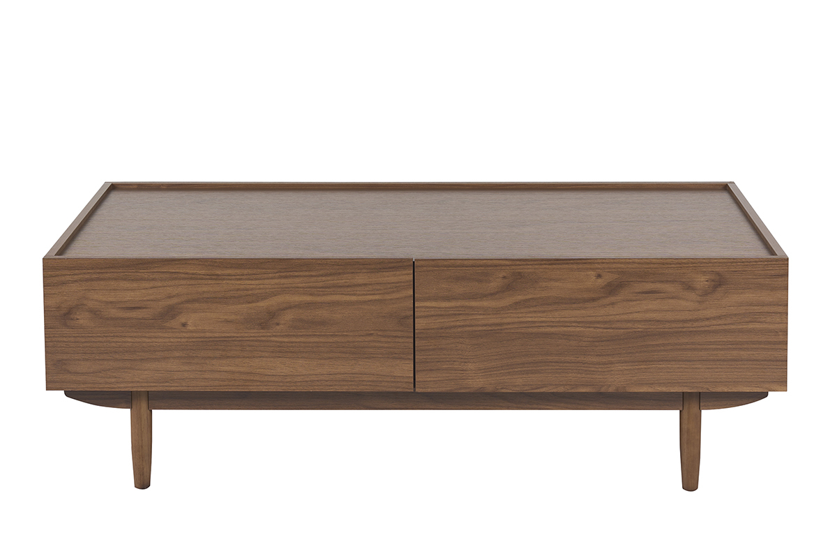 Table basse rectangulaire avec 2 tiroirs en bois fonc� noyer, vue de face.