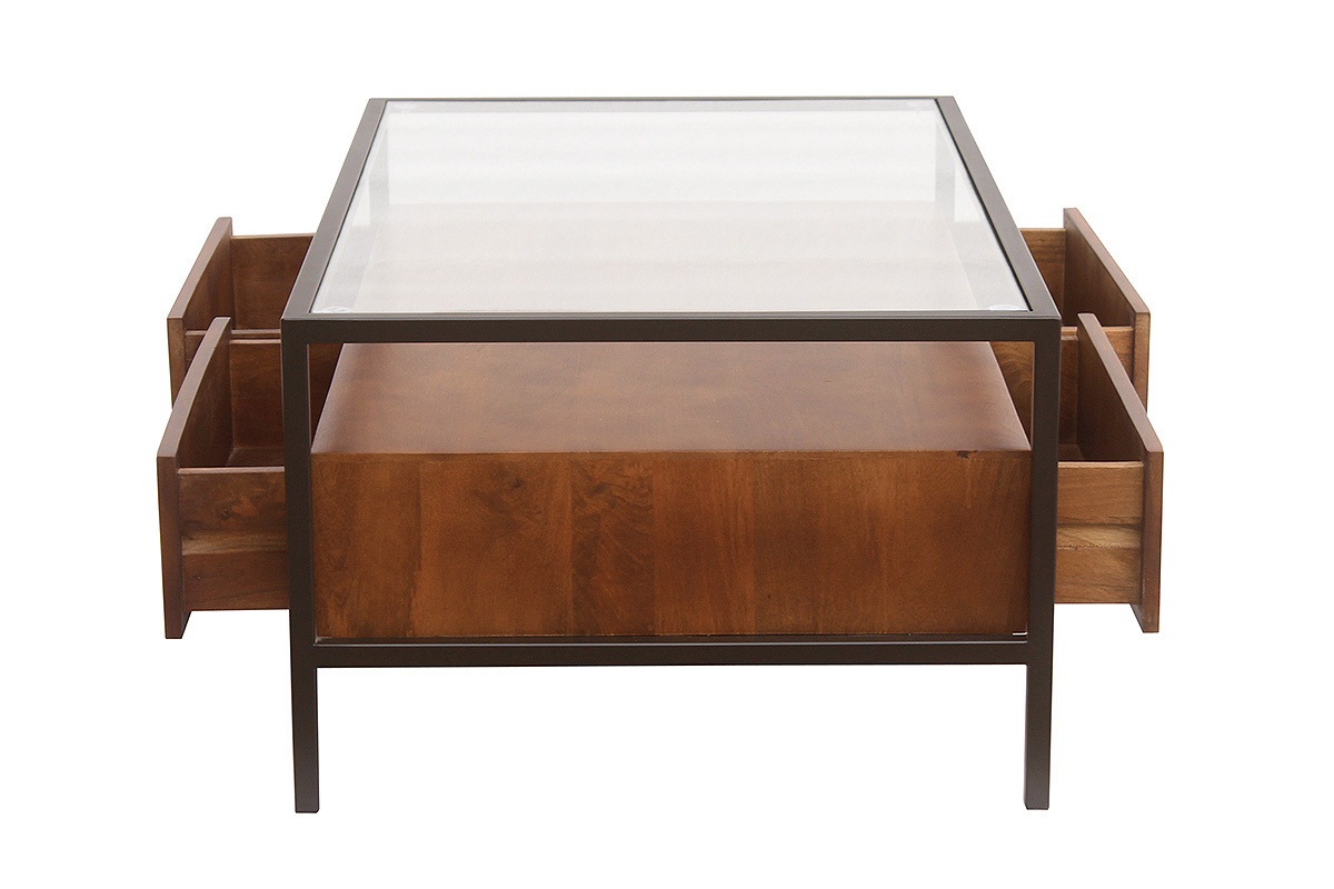Table basse rectangulaire SITA en bois manguier, m�tal noir, verre, vue de profil avec tiroirs ouverts.