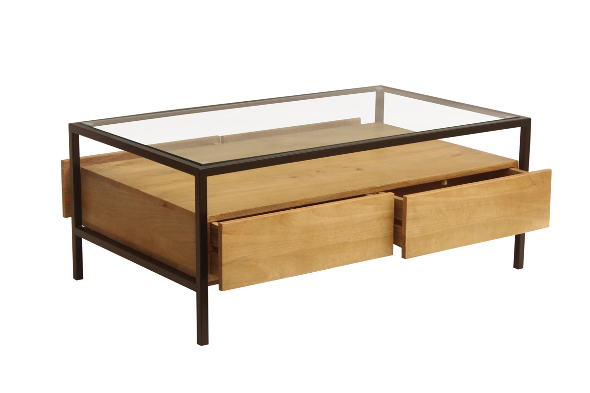 Table basse rectangulaire avec rangements en bois manguier massif, verre et m�tal noir L100 cm SITA