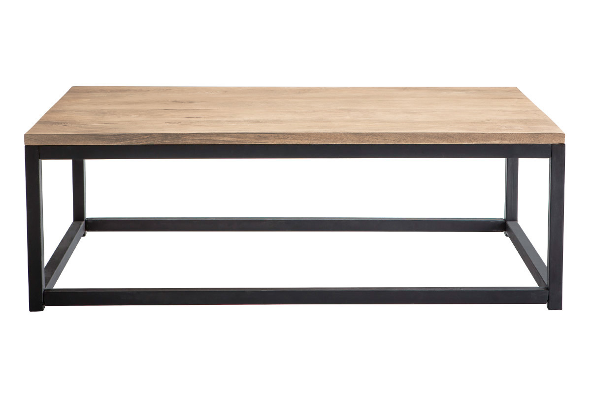 Table basse rectangulaire en bois clar manguier massif et m�tal noir, vue de face