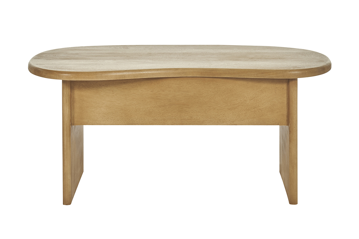 Table basse relevable en bois manguier, vue de face.