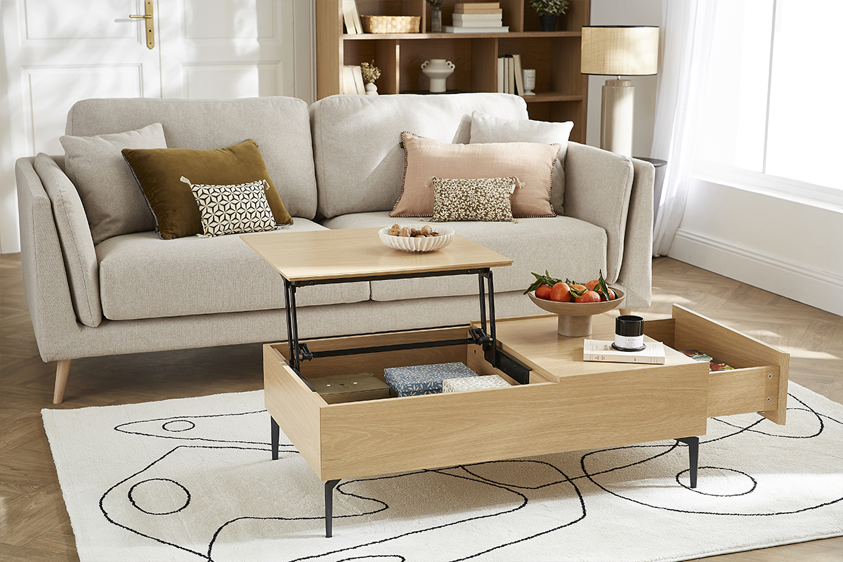 Table basse relevable rectangulaire bois clair finition ch�ne et m�tal noir L103 cm SEDA