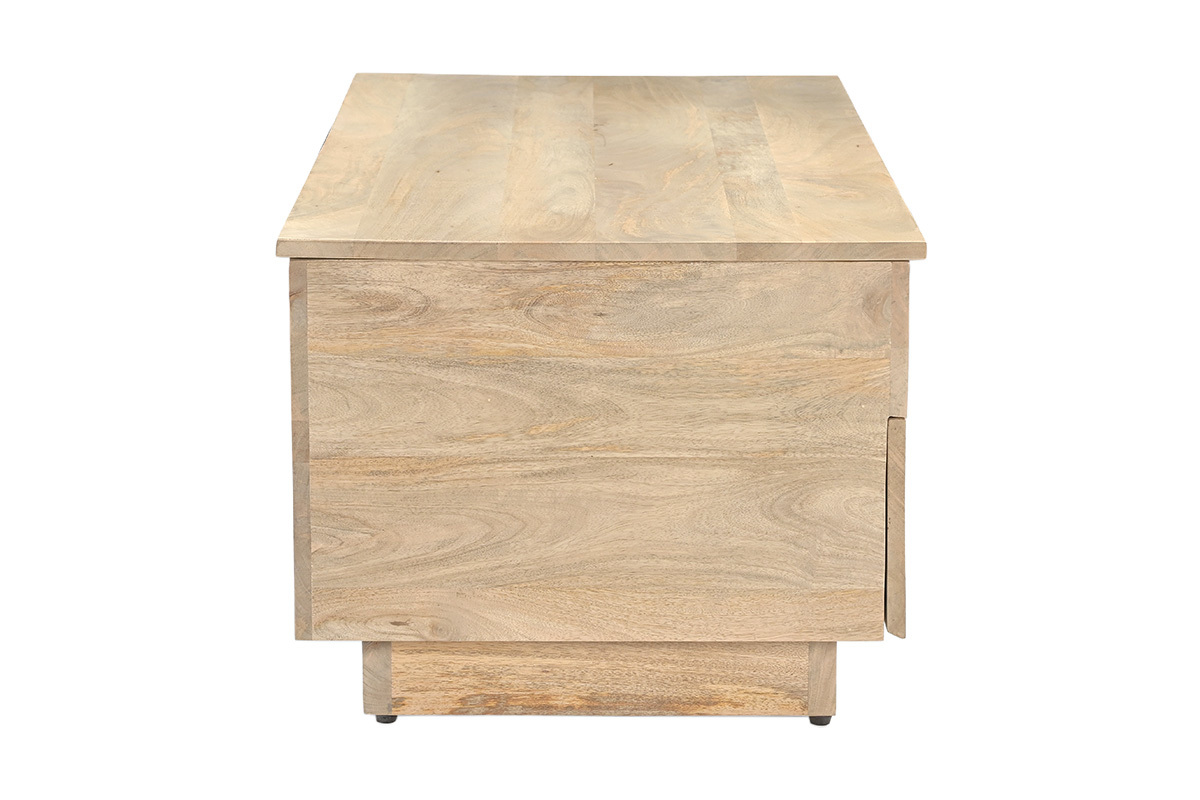 Table basse relevable rectangulaire en manguier massif clair, vue de profil