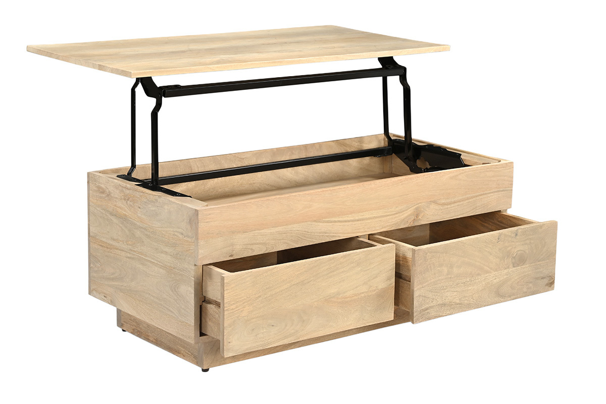 Table basse relevable rectangulaire en manguier massif clair avec rangement et tiroirs, vue de 3/4