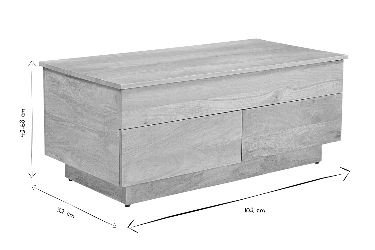 Dimensions de la table basse relevable NEXO en noir et blanc montrant 42-68 cm, 52 cm et 102 cm.