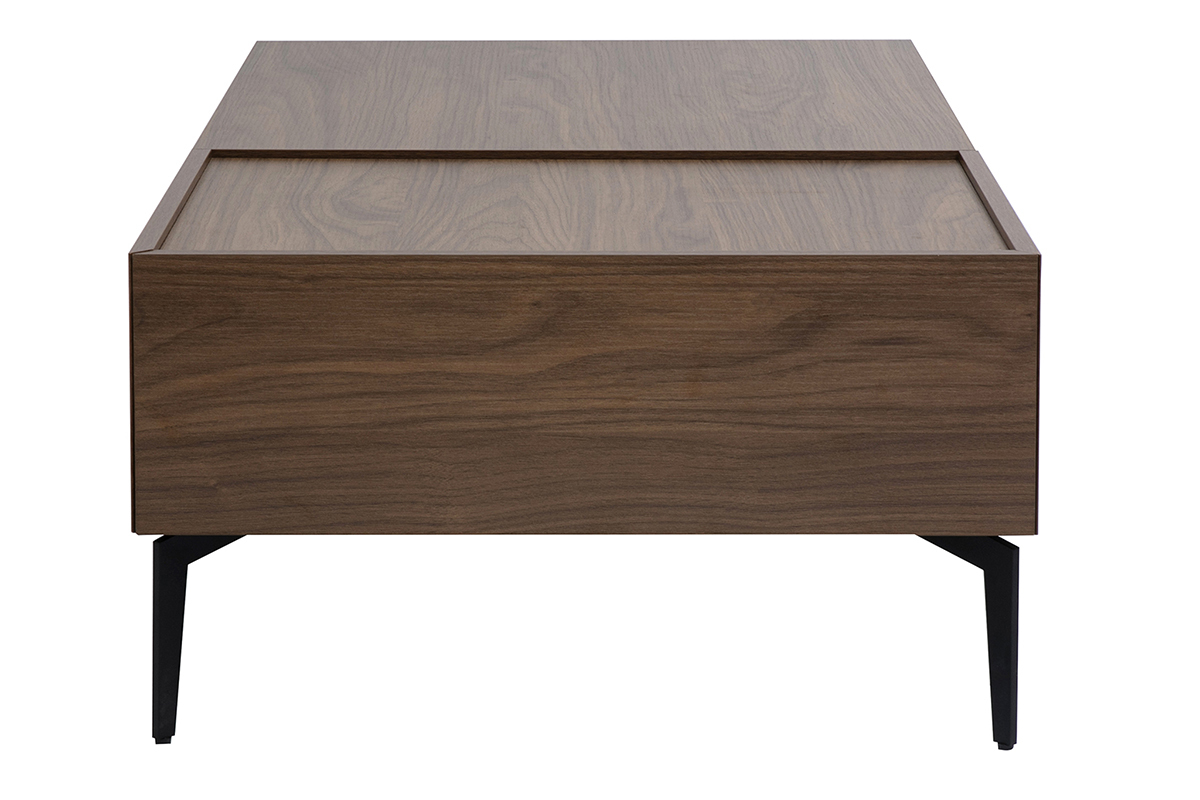 Table basse rectangulaire bois fonc� finition noyer avec pieds m�tal noir, vue de c�t�.