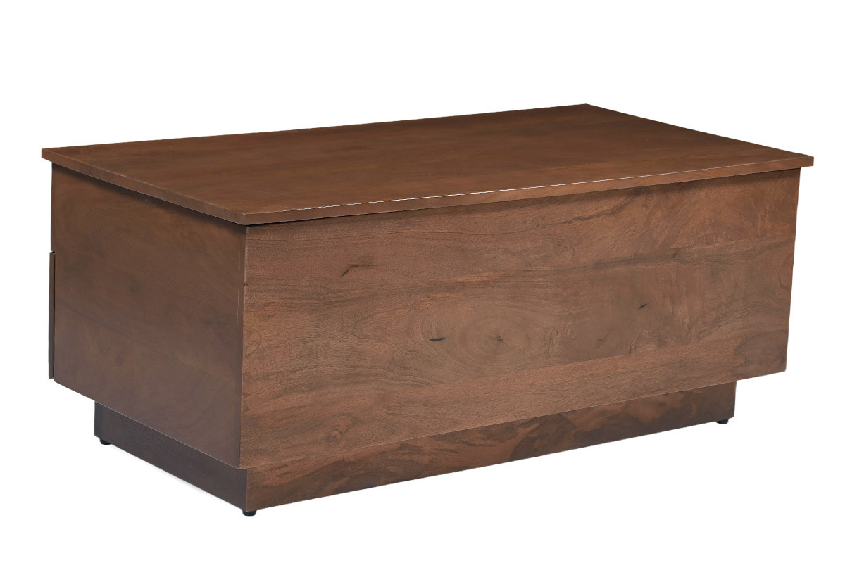 Table basse relevable rectangulaire en manguier massif, vue de dos