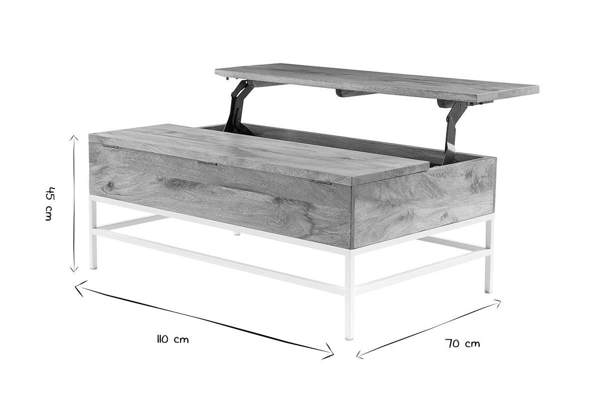Dimensions de la table basse relevable BOHO en noir et blanc : L110 cm, l70 cm, H45 cm, tiroir ouvert.