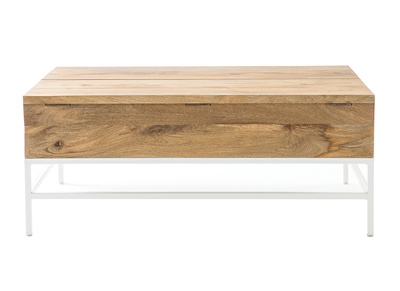 Table basse relevable rectangulaire bois manguier massif et m&eacute;tal blanc L110 cm BOHO