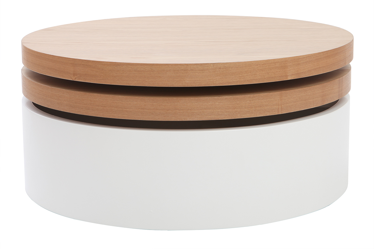 Table basse ronde avec plateaux pivotants et rangement blanc et bois clair ch�ne D80 cm ICON