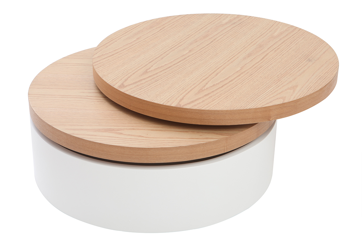 Table basse ronde avec plateaux pivotants et rangement blanc et bois clair ch�ne D80 cm ICON