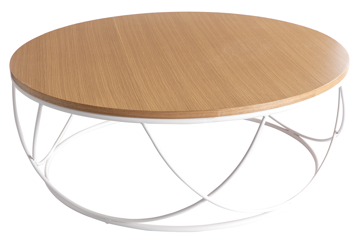 Table basse ronde bois clair ch�ne et m�tal blanc D80 cm LACE
