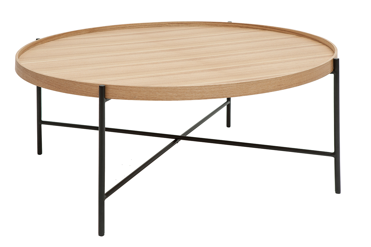 Table basse ronde bois clair et m�tal noir D90 cm BASSY