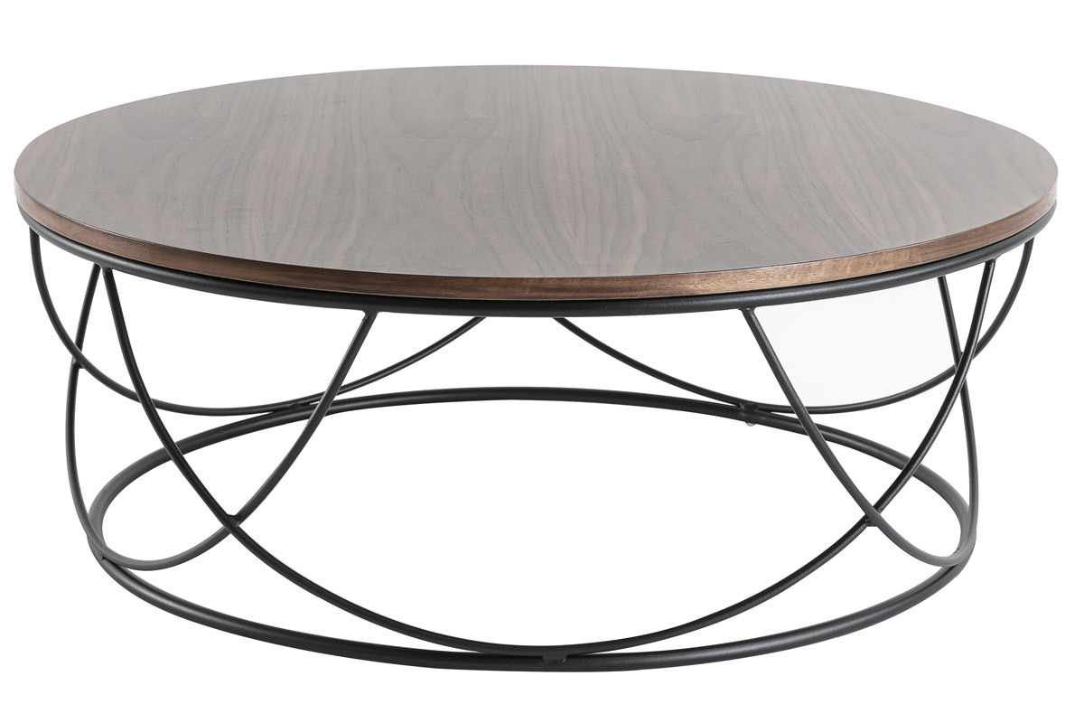Table basse ronde bois fonc� noyer et m�tal noir D80 cm LACE