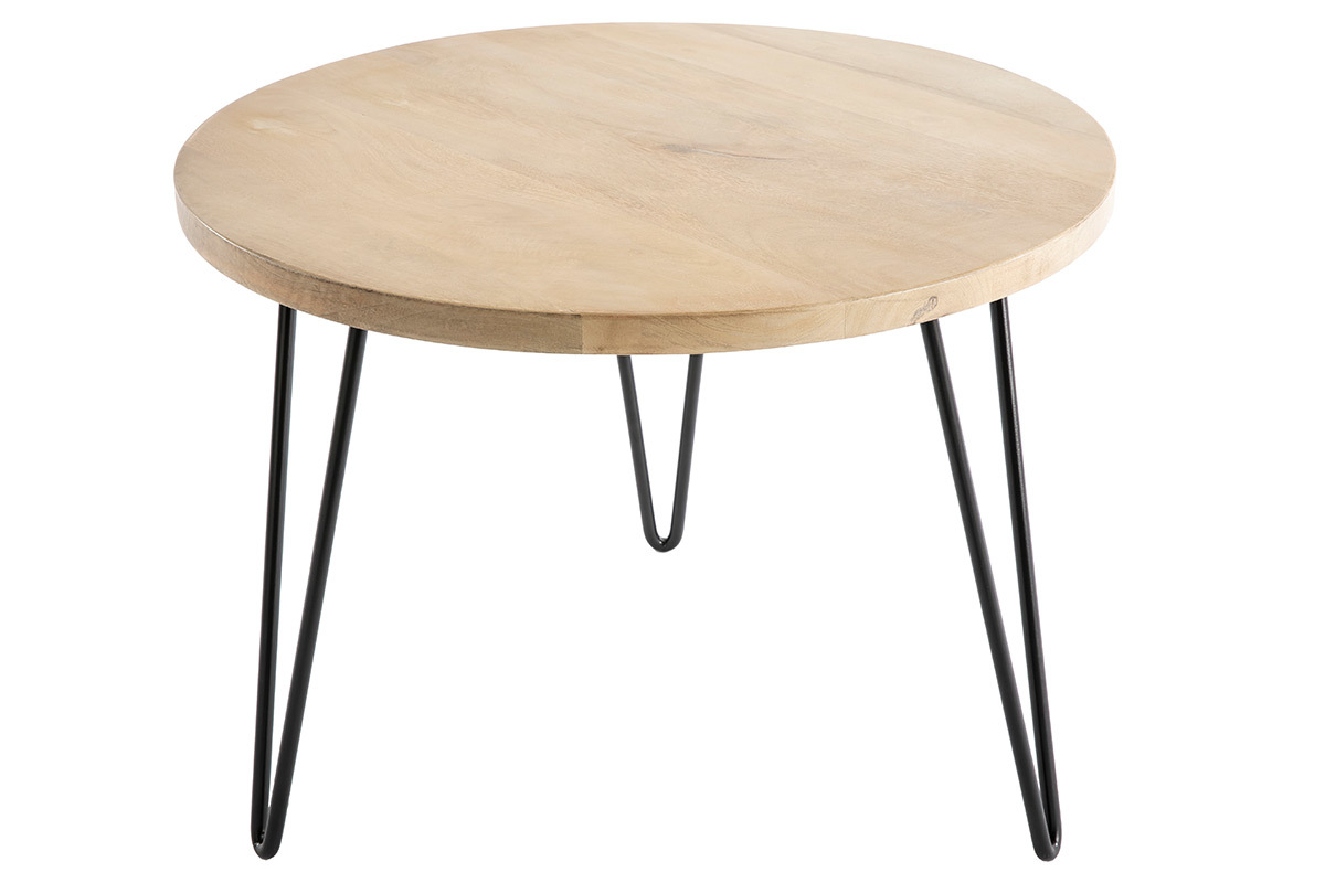 Table basse ronde en bois de manguier avec pieds en m�tal noir, vue de haut.