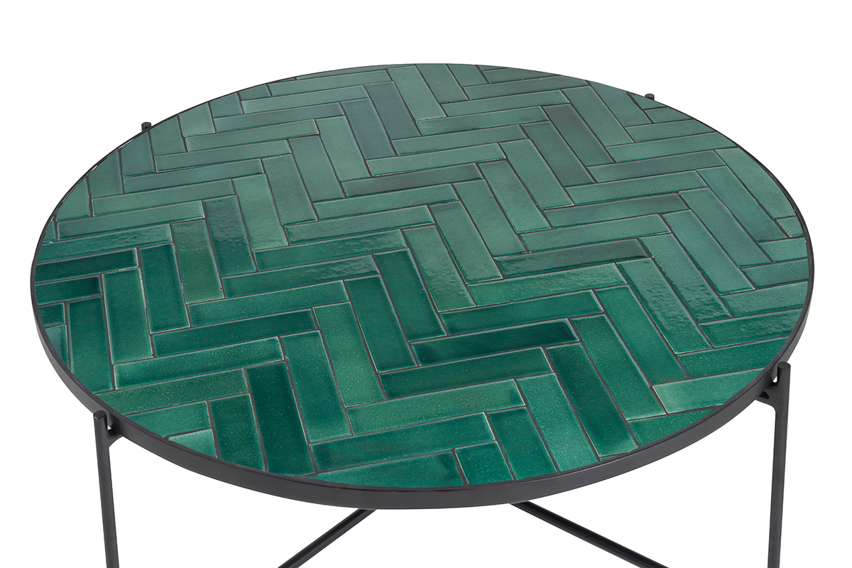Table basse ronde en c�ramique vert fonc� et m�tal noir D80.5 cm KOTTA
