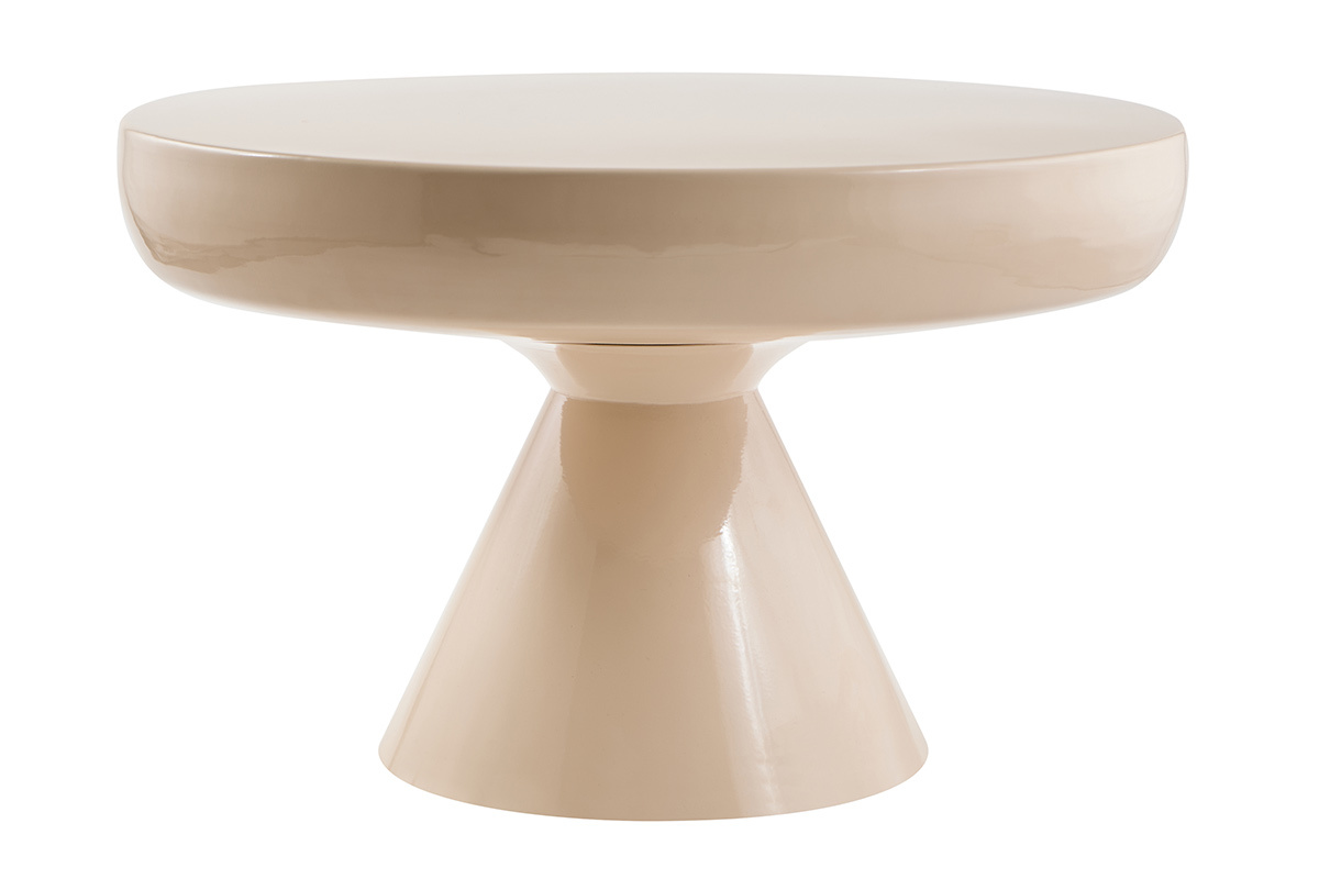 Table basse ronde en m�tal �maill� beige, diam�tre 59 cm, vue de face.