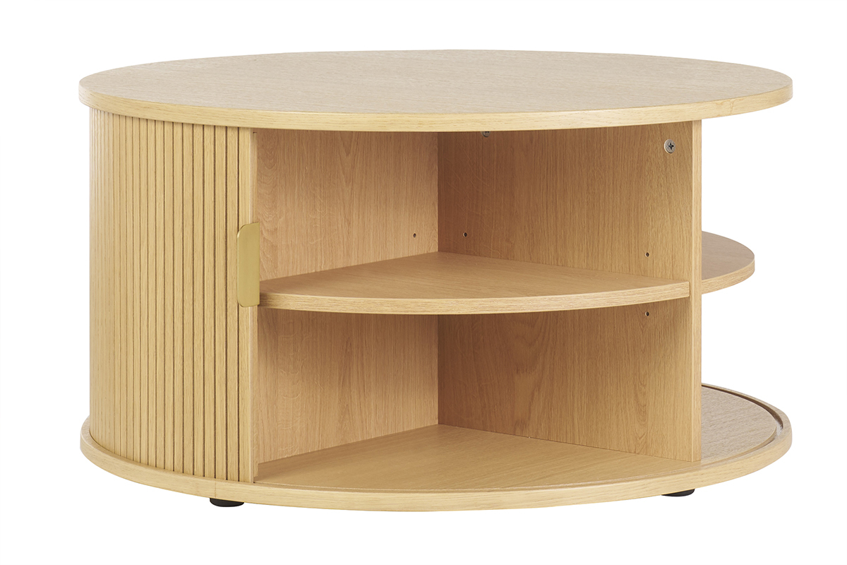 Table basse ronde finition bois clair ch�ne 2 portes coulissantes D80 cm EPIC