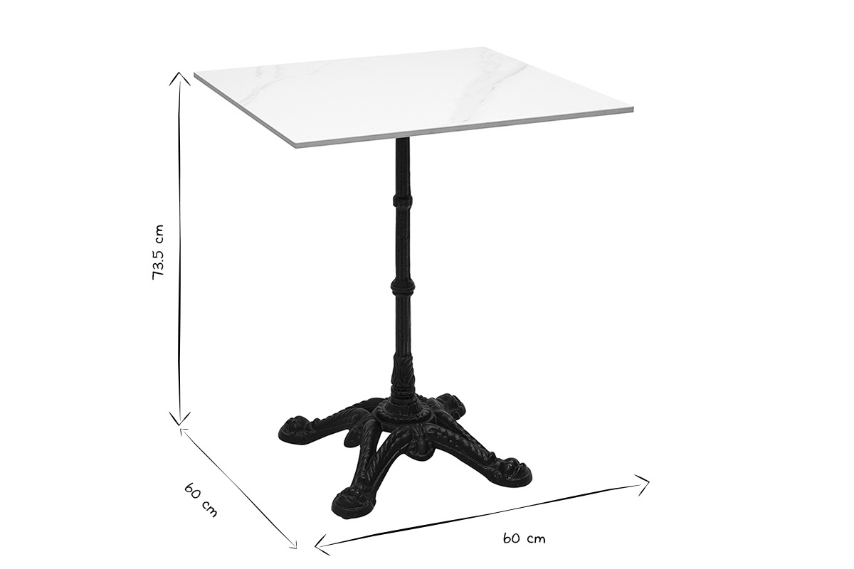 Dimensions de la table bistrot carr�e CONTY en marbre et m�tal, 60x60x73,5 cm, en noir et blanc.