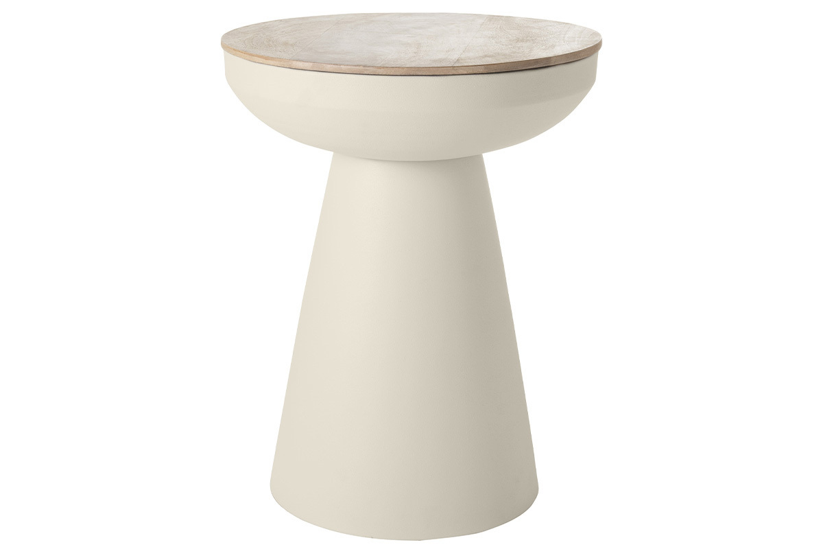 Table d'appoint ronde en m�tal gr�ge et bois manguier, structure conique, vue de face.