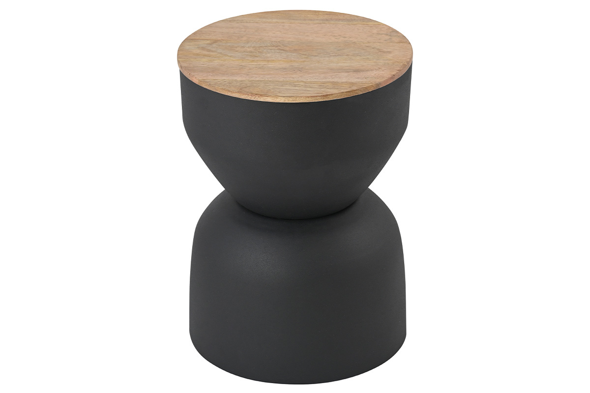 Table d'appoint ronde design avec rangement en m�tal gris anthracite et bois manguier massif D30 cm YOYO