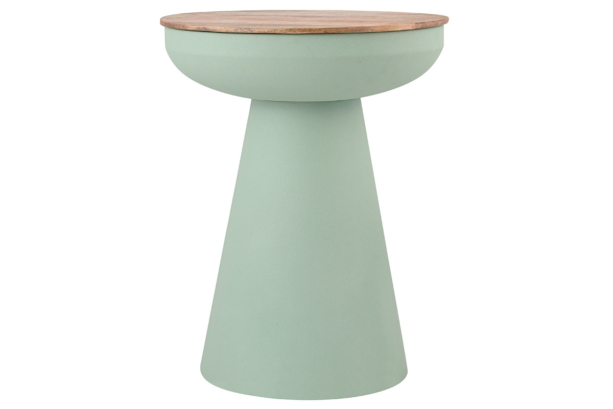 Table d'appoint ronde design avec rangement en m�tal vert c�ladon et bois manguier massif H52 cm TAM